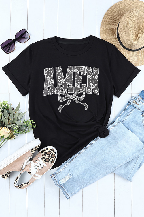 Black Floral AMEN Bow Printed T Shirt